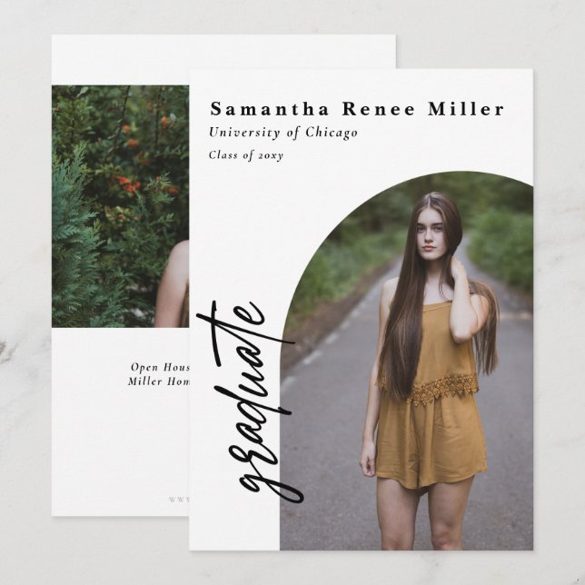 Invitación Simple Script Moderno Arco 2 Foto Graduación (Anverso / Reverso)