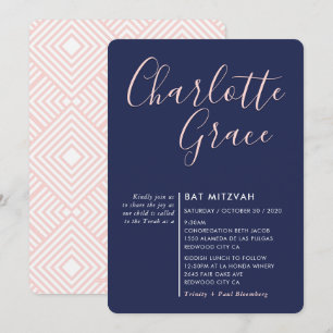 Invitación SIMPLE SCRIPT moderno Bat Mitzvah marina azul rosa