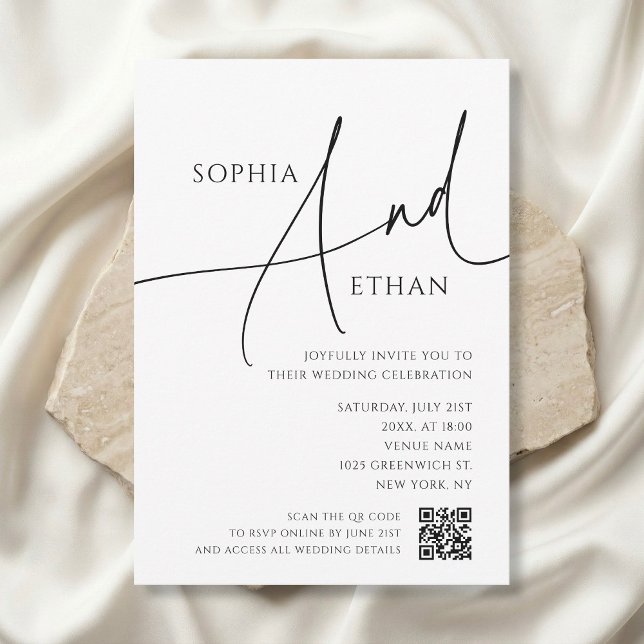 Invitación Simple Script Typography QR Code White Wedding (Subido por el creador)