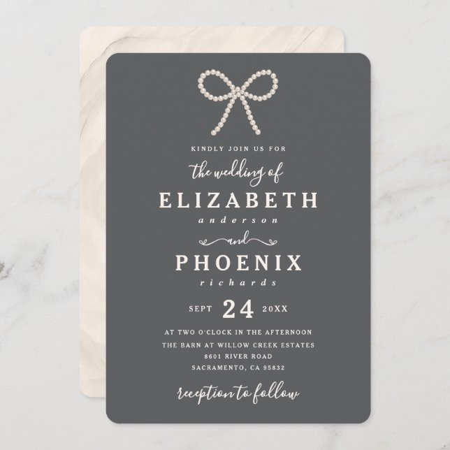 Invitación Simple Smoked Oyster Pearl Bow Trendy Wedding (Anverso / Reverso)