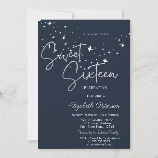 Invitación Simple Stars Navy Blue Sweet 16  (Anverso)