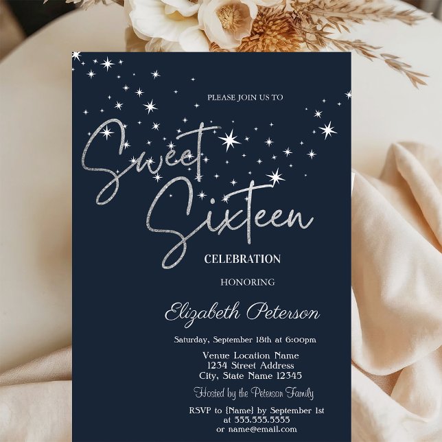 Invitación Simple Stars Navy Blue Sweet 16  (Subido por el creador)