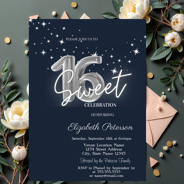 Invitación Simple Stars Navy Blue Sweet 16  (Subido por el creador)