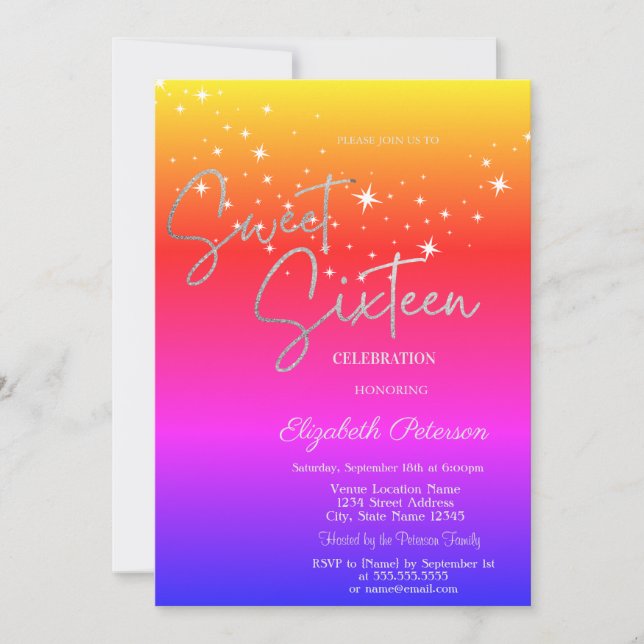 Invitación Simple Stars Ombre Sweet 16  (Anverso)