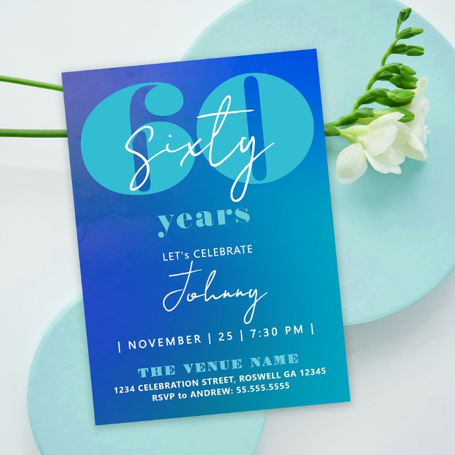 Invitación Simple Stylish Fun Blue White 60th Bold Typography (Subido por el creador)