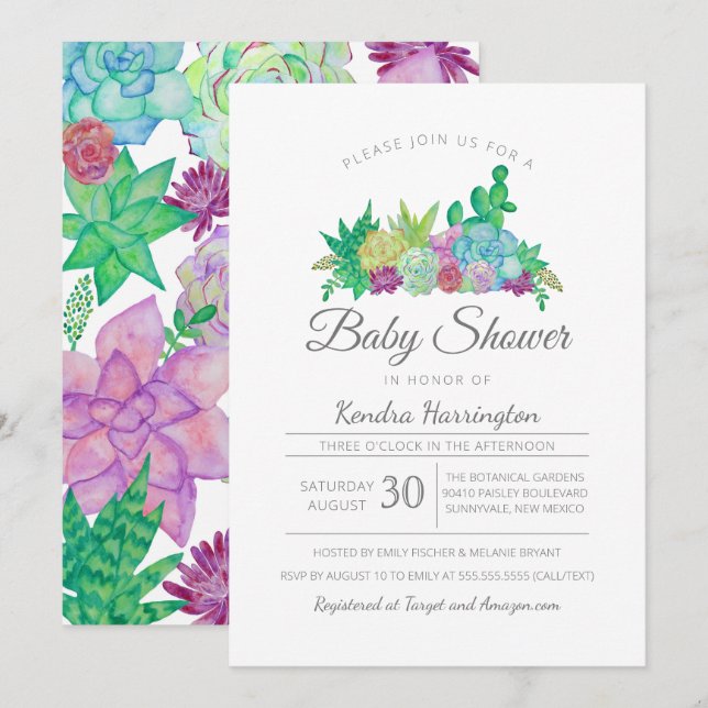 Invitación Simple Succulent y Cacti Modern Baby Shower (Anverso / Reverso)