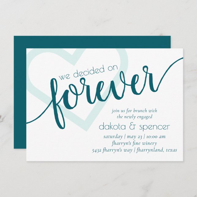 Invitación Simple Teal Por Siempre | Desayuno Nupcial Corazón (Anverso / Reverso)