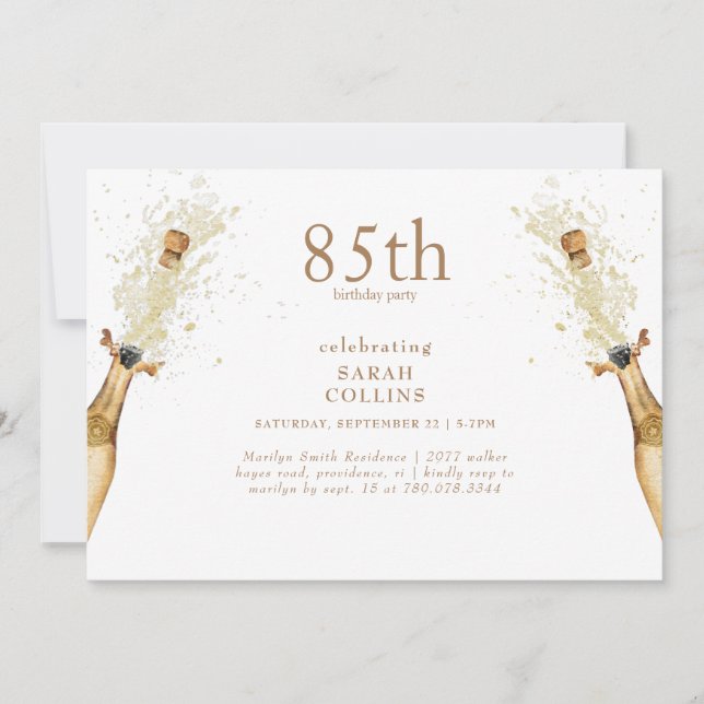 Invitación Simple Texto Dorado Fiesta de Cumpleaños Champán 8 (Anverso)