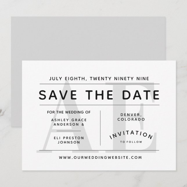 Invitación Simple tipografía gris suave salva la fecha (Anverso / Reverso)