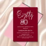 Invitación Simple tipografía moderna de Borgoña 80 cumpleaños<br><div class="desc">Recuerda que tu cumpleaños número 80 es un hito que vale la pena celebrar con estilo. Esta invitación tiene un toque de elegancia y modernidad. El cautivador guión de brocha añade un toque personal y artístico al número "80". El diseño limpio, que combina con gusto los tonos burdeos y blancos,...</div>