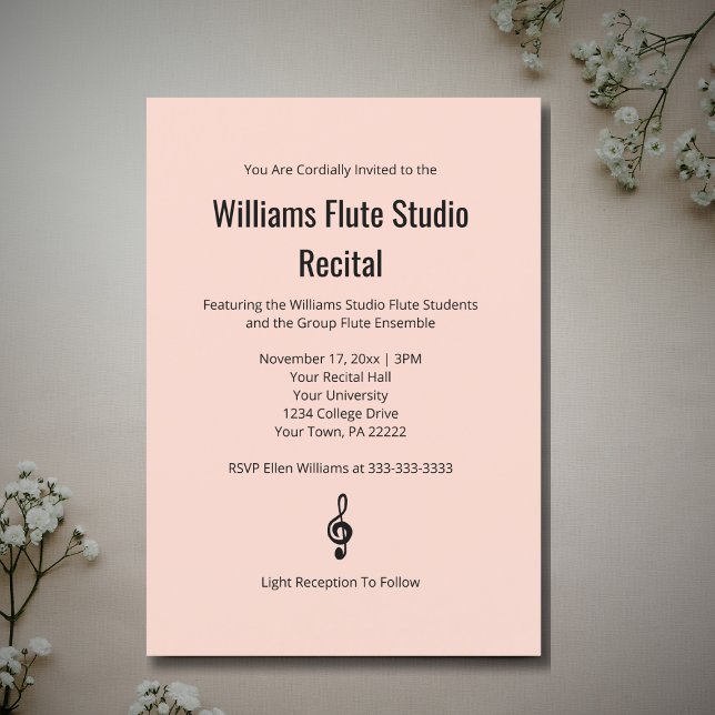 Invitación Simple Treble Clef Flute Pink Music Recital (Subido por el creador)