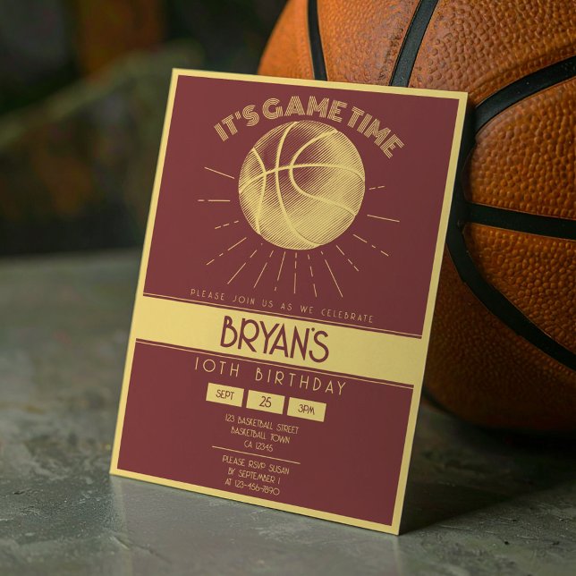 Invitación Simple Vintage Retro Oro Baloncesto Cumpleaños (Subido por el creador)