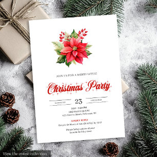 Invitación Simple Vintage Rojo Floral Navidad Poinsettia