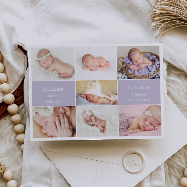 Invitación Simple Violet Baby Photo Collage Announcement Card (Subido por el creador)