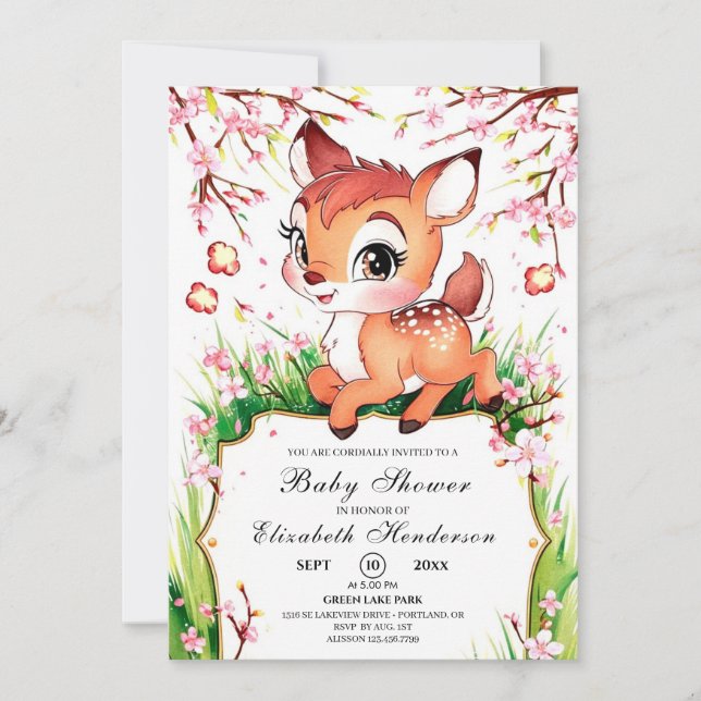 Invitación Simple Watercolor Fawn Baby Shower (Anverso)