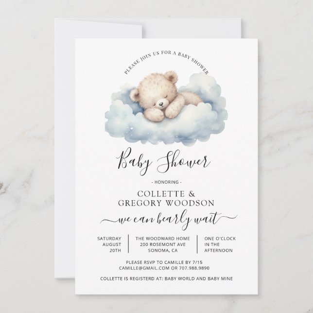 Invitación Simple Watercolor Little Bear Baby Shower (Anverso)