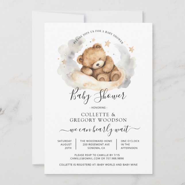 Invitación Simple Watercolor Little Bear Baby Shower (Anverso)