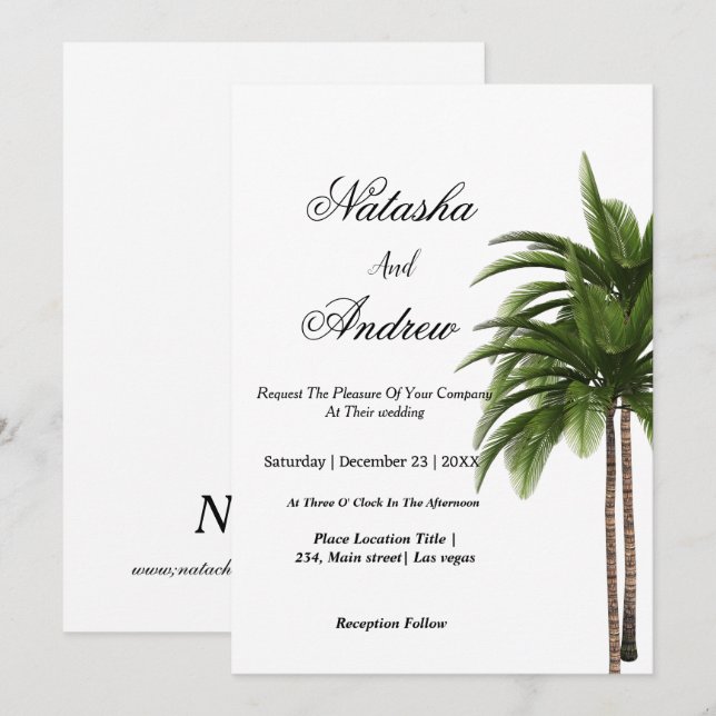 Invitación simple watercolor palm tree wedding invitation (Anverso / Reverso)