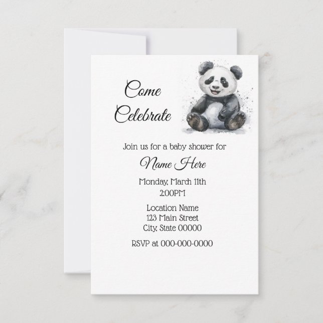 Invitación Simple Watercolor Panda Baby Shower (Anverso)