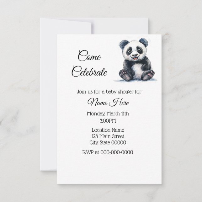 Invitación Simple Watercolor Panda Baby Shower (Anverso)