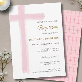 Invitación Simple Watercolor Pink Cross Girl Baptism