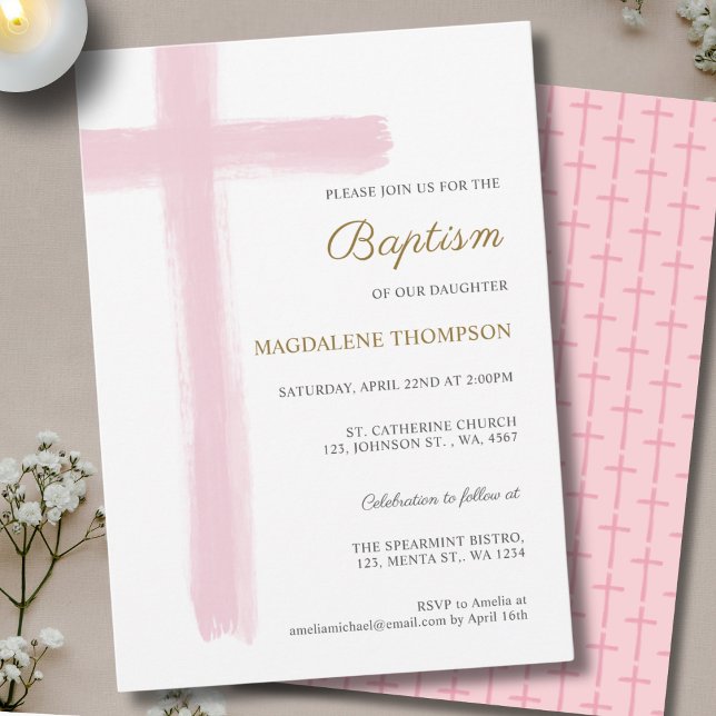 Invitación Simple Watercolor Pink Cross Girl Baptism (Subido por el creador)