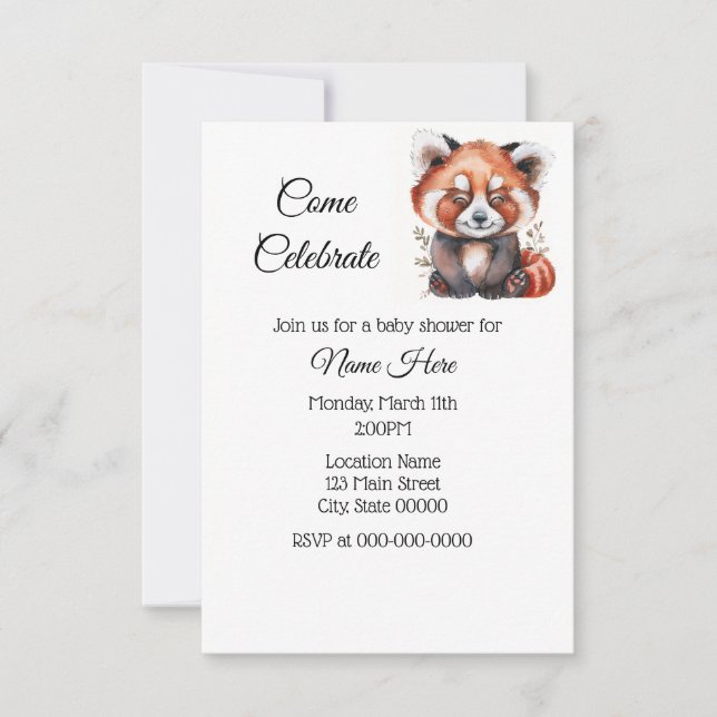 Invitación Simple Watercolor Red Panda Baby Shower (Anverso)