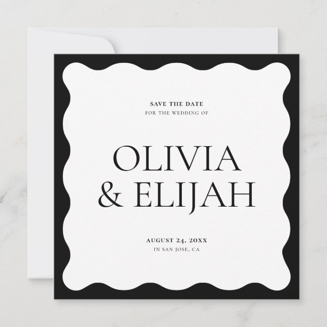 Invitación Simple Wavy Black and White Modern Save the Date (Anverso)