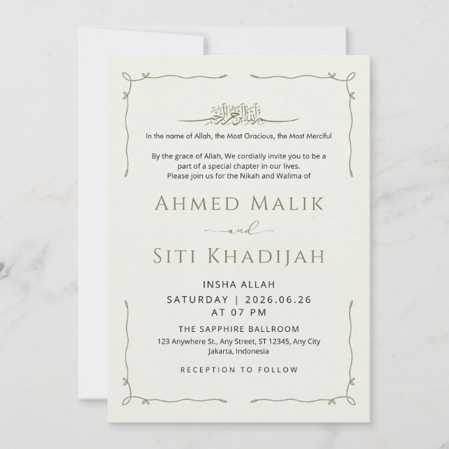 Invitación Simple Wavy Border Islamic Wedding Nikah (Anverso)