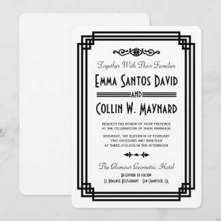 Invitación Simple White & Black Art Deco Wedding Invita