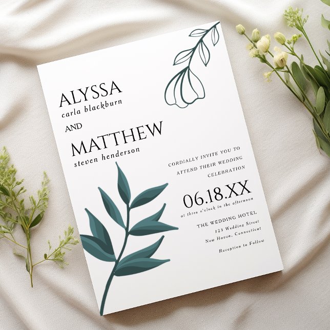Invitación Simple white forest green foliage floral wedding  (Simple white forest green foliage floral wedding)