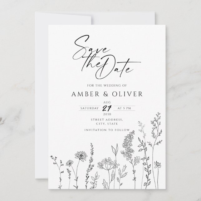Invitación Simple Wildflower Line Art Guardar la fecha (Anverso)