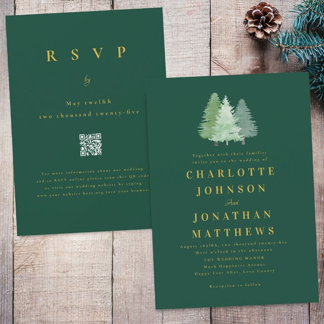 Invitación Simple Woodland Forest Gold Green Boda QR Code (Simple modern woodland forest gold  Green wedding qr code invitation watercolor evergreen pine trees)