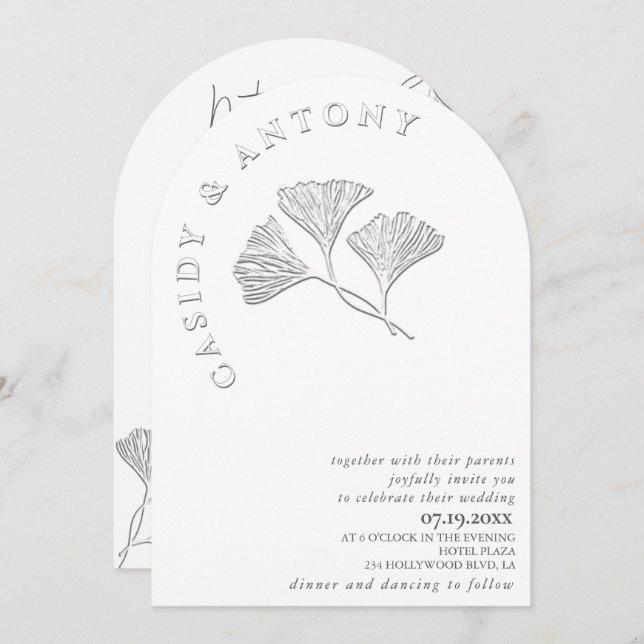 Invitación Simple y amable grabado en relieve ginko todo en u (Anverso / Reverso)
