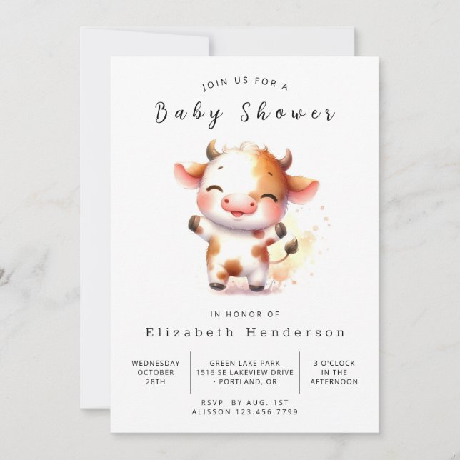 Invitación Simple y elegante Baby Shower de vaca (Anverso)