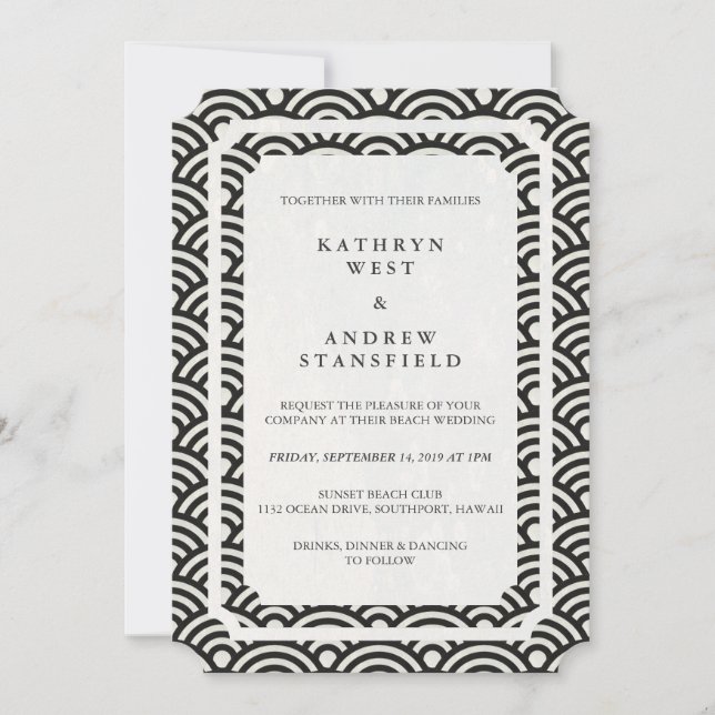 Invitación Simple y elegante Boda de playa en blanco y negro (Anverso)