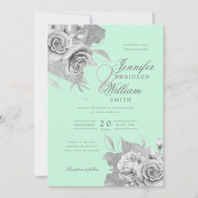 Invitación Simple y elegante Boda Plata Floral y Relieve meta (Anverso)