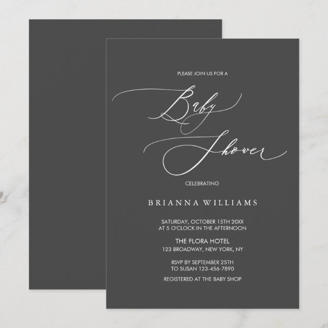 Invitación Simple y elegante caligrafía Carbón Baby Shower (Anverso / Reverso)