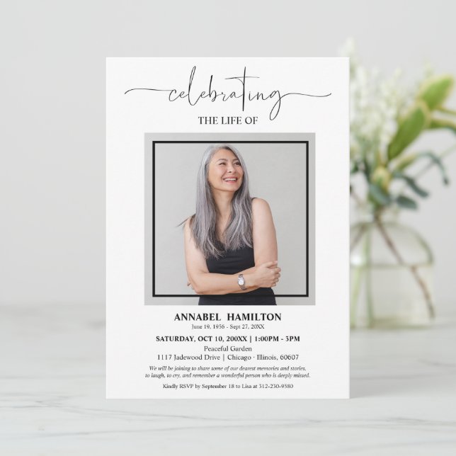 Invitación Simple y elegante celebración de la foto del funer (Anverso de pie)