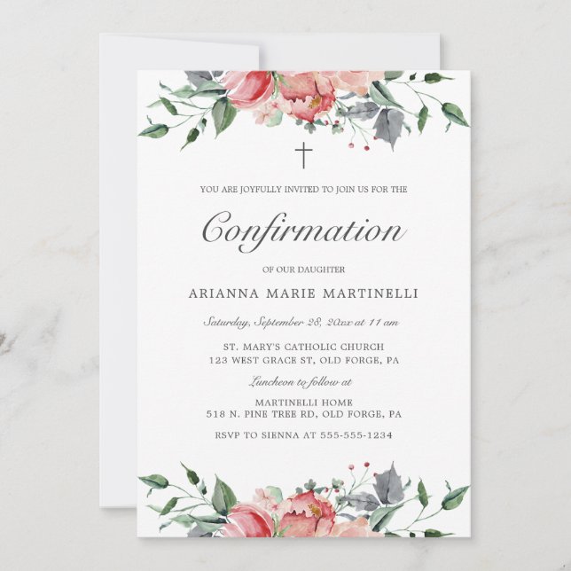 Invitación Simple y elegante confirmación de floral rosa para (Anverso)