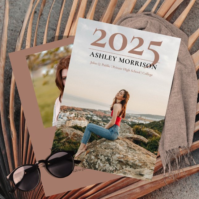 Invitación Simple y elegante graduación de terracota 2026 con (Simple Classy 2025 Two Photo Collage Terracotta Graduation Announcement -- Print | Download)