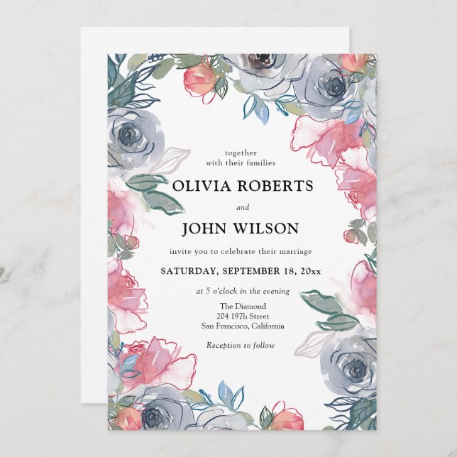 Invitación Simple y elegante matrimonio de flores silvestres (Anverso / Reverso)