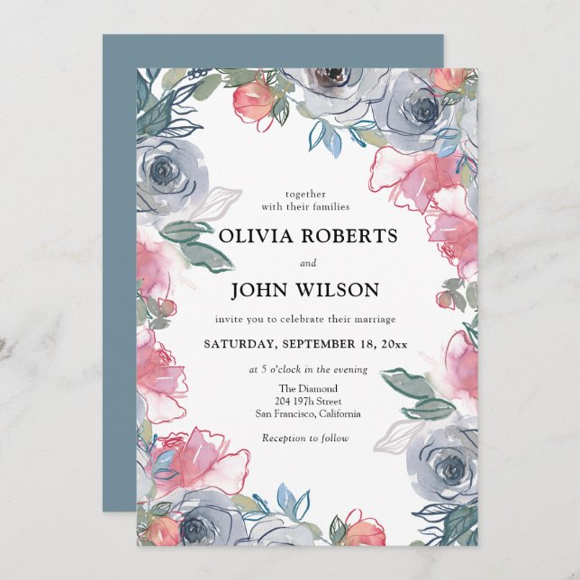 Invitación Simple y elegante matrimonio de flores silvestres (Anverso / Reverso)