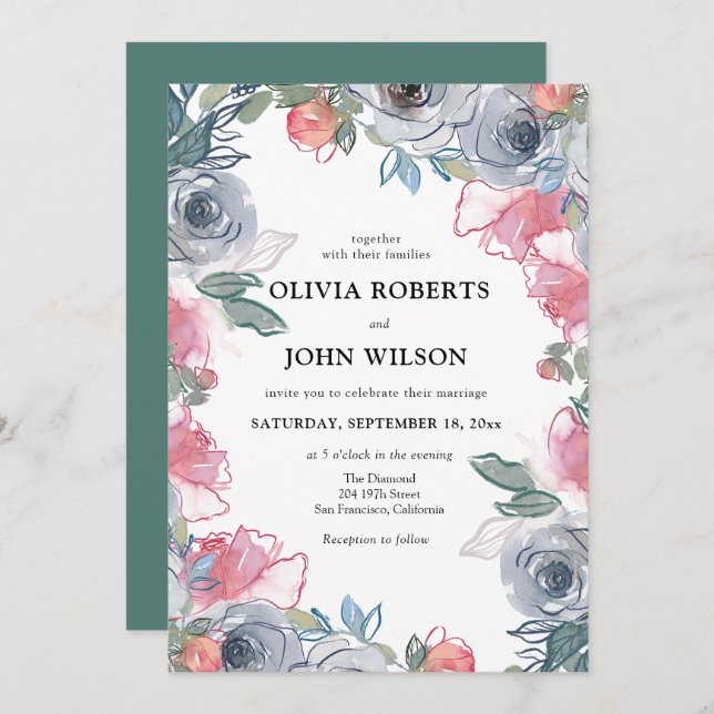 Invitación Simple y elegante matrimonio de flores silvestres (Anverso / Reverso)