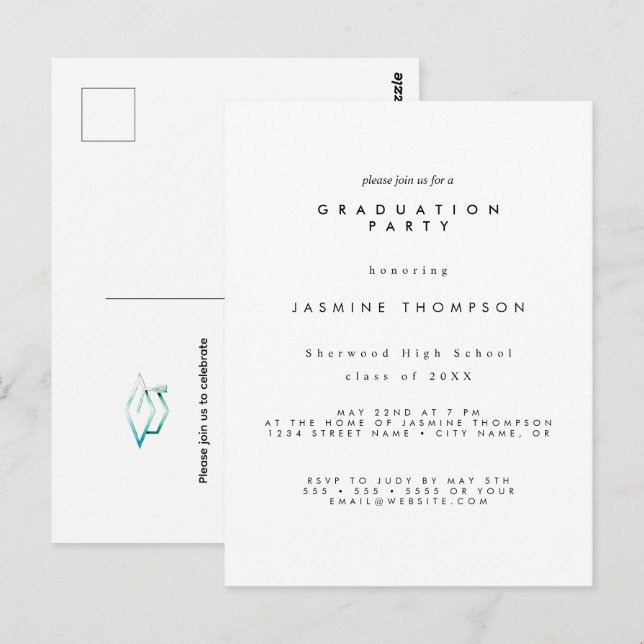 Invitación simple y elegante para fiesta de gradua (Anverso / Reverso)