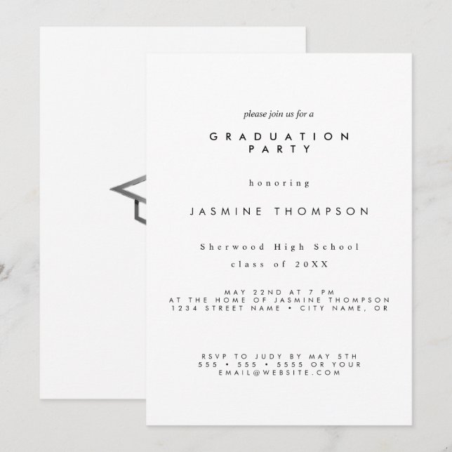 Invitación simple y elegante para fiesta de gradua (Anverso / Reverso)