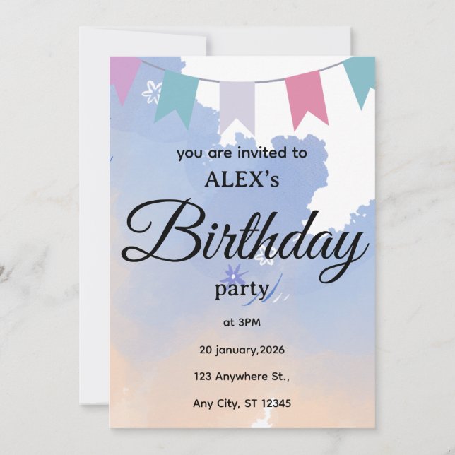 Invitación simple y linda para fiesta de cumpleaño (Reverso)
