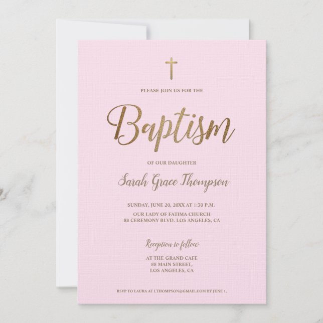 Invitación Simple y moderna Cruz de Oro Rosa Baptismo Niña (Anverso)