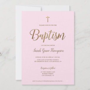Invitación Simple y moderna Cruz de Oro Rosa Baptismo Niña