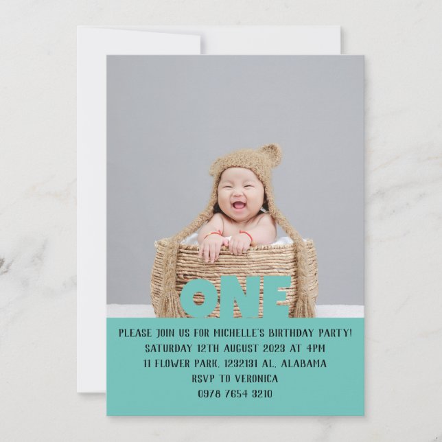 Invitación Simple y moderna foto del primer cumpleaños del be (Anverso)